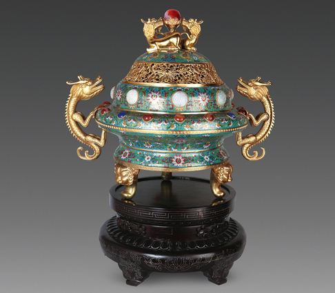 仿明 嵌玉双龙螭虎熏
